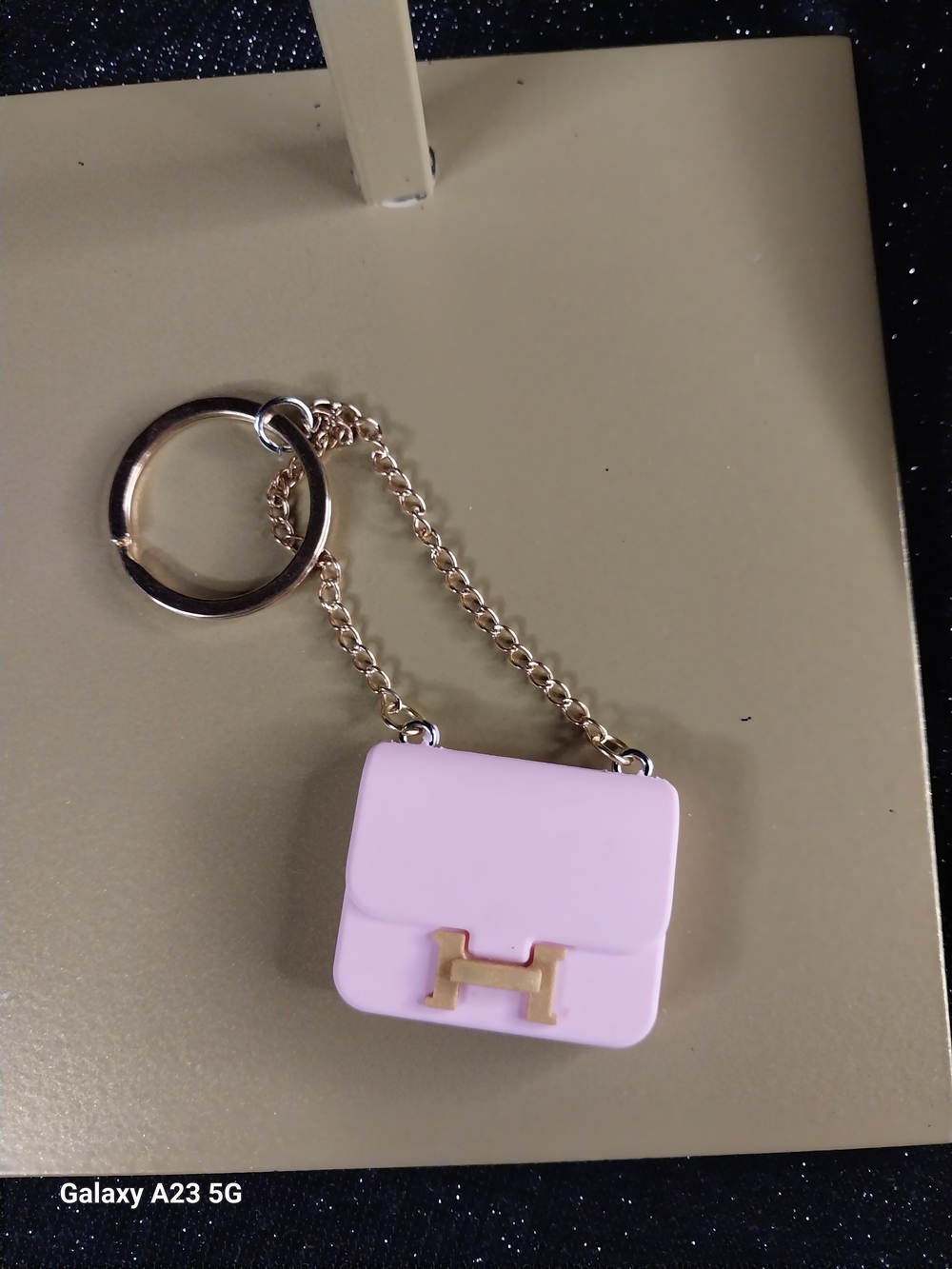 Pink Silicone Mini Bag Keychain with Gold H Hardware